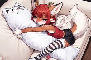 1girl 4ears antlers artist:aecii_3d body_pillow character:rubi(aecii_3d) chimera fox_girl fox_tail green_eyes laying petite pillow pink_nose red_hair skirt straddling tanktop thighhighs:striped wings wings:feathered // 1536x1024 // 193KB