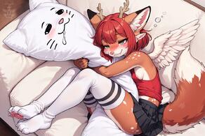 1girl 4ears antlers artist:aecii_3d body_pillow character:rubi(aecii_3d) chimera drool drooling fox_girl fox_tail green_eyes laying pawpads petite pillow pink_nose red_hair skirt straddling tanktop thighhighs:striped wings wings:feathered // 1536x1024 // 200KB