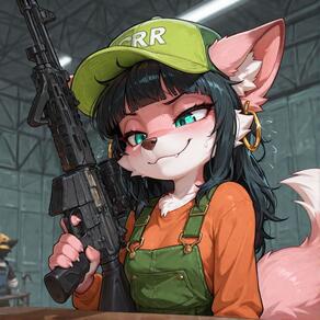 artist:ohlawdhecummin baseball_cap character:pip(ohlawdhecummin) earrings gun orange_shirt pink_fur rifle workshop // 1464x1464 // 268KB