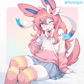 1girl animal_ears artist:kaltingale blue_eyes blush bow bowtie character:sylveon furrification furry furry_female hair_between_eyes long_hair long_sleeves looking_at_viewer miniskirt one_eye_closed pink_hair plaid_skirt pleated_skirt sitting skirt smile solo striped_clothes striped_thighhighs sweater tail thighhighs thighhighs:striped tongue tongue_out twitter_username // 1536x1536 // 195KB