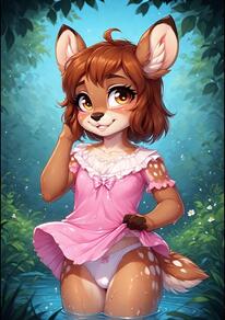 1girl ahoge animal_ears artist:furryfunparty bow bow_panties brown_eyes brown_fur brown_hair clothes_lift deer deer_ears dress dress_lift female furry furry_female lifted_by_self loli looking_at_viewer outdoors panties pink_dress short_hair smile solo tail underwear wading water wet white_panties // 512x726 // 133KB