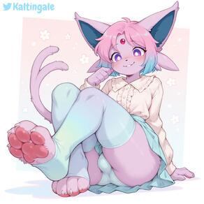 animal_ears animal_feet artist:kaltingale blush bulge character:espeon feet forehead_jewel forked_tail frills furrification furry long_sleeves male_focus multicolored_hair otoko_no_ko panties pawpads paws pink_hair purple_eyes shirt short_hair sitting skirt smile solo stirrup_legwear tail thighhighs toeless_legwear toes underwear // 1536x1536 // 178KB