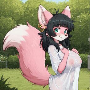 1girl animal_ears animal_nose artist:ohlawdhecummin black_hair blunt_bangs blush breasts character:pip(ohlawdhecummin) choker covered_nipples earrings furry furry_female jewelry large_breasts looking_at_viewer nipples outdoors pink_fur see-through shirt smile solo tail white_shirt // 1464x1464 // 237KB