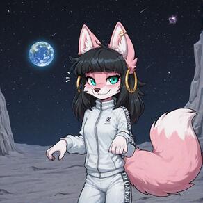 1girl animal_ears artist:ohlawdhecummin black_hair blush body_fur character:pip(ohlawdhecummin) earrings earth_(planet) furry furry_female hoop_earrings jacket jewelry long_sleeves looking_at_viewer pants planet shooting_star sky smile solo space star_(sky) starry_sky tail white_jacket // 1560x1560 // 249KB