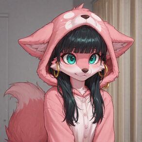 1girl animal_ears artist:ohlawdhecummin black_hair blunt_bangs body_fur character:pip(ohlawdhecummin) closed_mouth earrings furry furry_female hood hood_up hoop_earrings jewelry long_hair solo tail upper_body // 1656x1656 // 266KB