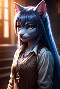 artist:fauxton_director blue_hair feline orange_eyes // 512x768 // 56KB