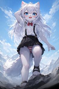1girl animal_ear_fluff animal_ears arm_behind_head arm_up artist:furryfunparty black_skirt blue_eyes blue_sky bow bowtie character:yuki cloud female furry furry_female loli long_hair looking_at_viewer open_mouth outdoors panties petite pleated_skirt sandals shirt short_sleeves skirt sky smile solo striped_clothes striped_panties suspender_skirt suspenders tail underwear wet wet_clothes white_hair white_shirt wolf // 512x768 // 129KB