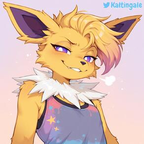 1boy animal_ears animal_nose artist_name bare_shoulders blonde_hair blush body_fur breasts character:jolteon fang femboy furrification furry furry_male gradient_background looking_at_viewer neck_fur personification pokemon_(creature) purple_eyes short_hair sleeveless small_breasts smile solo upper_body watermark yellow_fur // 1536x1536 // 185KB