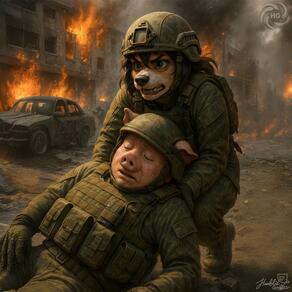 1boy 1girl artist:humble_grifter black_hair building burning clenched_teeth closed_eyes fire furry gloves helmet load_bearing_vest military motor_vehicle pants signature teeth uniform war // 2000x2000 // 499KB