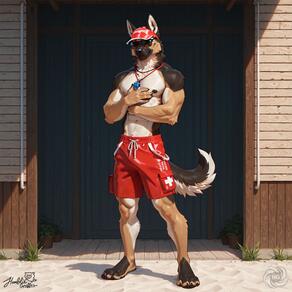 1boy abs animal_ears artist:humble_grifter bara dog_boy dog_ears dog_tail full_body furry furry_male large_pectorals male_focus male_swimwear muscular muscular_male nipples pectorals solo sunglasses swim_trunks tail topless_male whistle whistle_around_neck // 2000x2000 // 348KB
