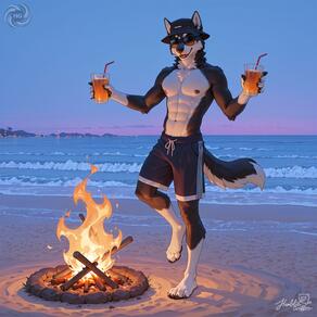 1boy abs animal_ears artist:humble_grifter bara beach black_headwear campfire cup fire full_body furry furry_male hat holding holding_cup male_focus male_swimwear muscular_male nipples outdoors pectorals solo sunglasses tail topless_male wolf_tail // 2000x2000 // 334KB