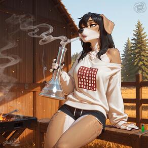1girl animal_ears animal_nose arm_support artist:humble_grifter artist_logo artist_name black_hair black_nails black_shorts body_fur brown_eyes clothes_writing day dog_ears dog_girl dolphin_shorts fire furry furry_female hair_between_eyes holding long_hair long_sleeves mole off_shoulder outdoors shirt short_shorts shorts signature sitting sky smoke solo sweater tongue tree watermark // 2000x2000 // 424KB