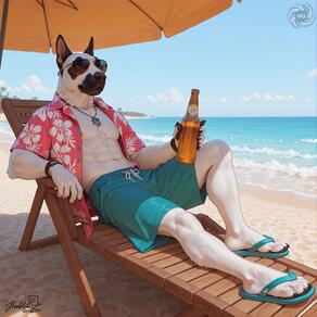 1boy abs artist:humble_grifter artist_logo bara beach beer_bottle bottle dog_boy furry furry_male hawaiian_shirt holding holding_bottle jewelry male_focus muscular muscular_male necklace ocean open_clothes open_shirt outdoors pectorals sand sandals shirt shorts sky solo sunglasses watch // 2000x2000 // 336KB