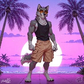 1boy animal_ears artist:humble_grifter artist_logo artist_name beach black_tank_top brown_shorts full_body furry furry_male grin looking_at_viewer male_focus ocean outdoors palm_tree pink_sky purple_sky shorts signature sky smile solo standing sunglasses tail tank_top teeth tree water wolf_boy wolf_ears wolf_tail // 2000x2000 // 512KB