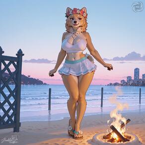 1girl animal_ears animal_nose artist:humble_grifter artist_name beach bikini bikini_skirt breasts cleavage dog_ears dog_girl dog_tail fire flower full_body furry furry_female gradient_sky head_wreath large_breasts navel outdoors sandals signature skirt sky solo standing swimsuit tail water watermark white_bikini // 2000x2000 // 319KB