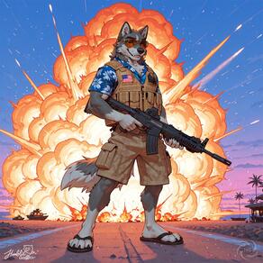 1boy animal_ears artist:humble_grifter assault_rifle explosion furry furry_male gun hawaiian_shirt holding holding_gun holding_weapon male_focus palm_tree rifle sandals shirt shorts sky solo sunglasses tail weapon // 2000x2000 // 506KB