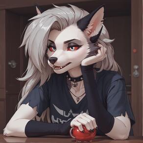arm_sleeves artist:azziai character:loona_helluva_boss collar gray_hair red_eyes t_shirt white_fur // 1480x1480 // 174KB