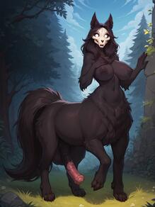 1girl animal_ears animal_penis artist:karkinosai artist_name black_fur black_hair blue_sky body_fur breasts centaur centauroid character:scp1471 cloud colored_sclera completely_nude day erection forest full_body furry furry_female futanari grass hand_on_own_chest horse_cock large_breasts monster_girl nature navel nipples nude outdoors penis sky solo standing stomach tail taur testicles tree uncensored white_eyes // 1824x2432 // 273KB