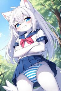 1girl animal_ear_fluff animal_ears artist:furryfunparty blue_eyes blue_skirt blush character:yuki crossed_arms female furry furry_female grin loli long_hair looking_at_viewer miniskirt neckerchief outdoors panties petite pleated_skirt sailor_collar school_uniform serafuku shirt short_sleeves skirt sky smile solo striped_clothes striped_panties tail underwear white_fur white_hair white_shirt wolf // 512x768 // 150KB