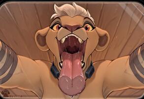 1boy female feral lion maw tongue tongue_out vore white_hair yellow_eyes // 1216x832 // 143KB