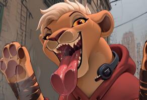 1boy female feral lion maw tongue tongue_out vore white_hair yellow_eyes // 1216x832 // 150KB