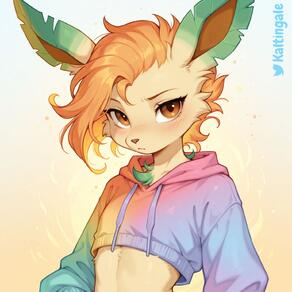 1boy animal_ears artist:kaltingale artist_name blush body_fur brown_eyes character:leafeon crop_top cropped_hoodie femboy furrification furry furry_male hood hoodie looking_at_viewer orange_hair solo upper_body // 1536x1536 // 182KB
