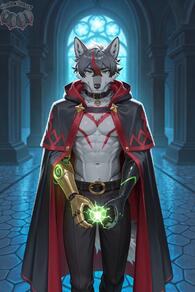 1boy abs animal_ears artist:animefurever belt black_pants cape character:azrael claws collar fangs furry furry_male green_eyes grey_hair looking_at_viewer male_focus mechanical_arms multicolored_hair navel pants pectorals single_mechanical_arm solo tail wolf_boy wolf_ears wolf_tail // 1152x1728 // 398KB