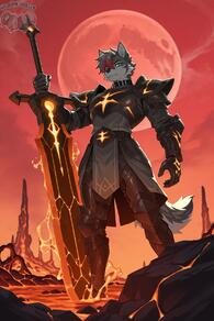 1boy animal_ears armor artist:animefurever character:azrael full_moon furry furry_male gauntlets green_eyes holding holding_sword holding_weapon lava looking_at_viewer male_focus moon red_hair red_sky shoulder_armor sky solo standing sword tail weapon wolf_boy wolf_ears wolf_tail // 1152x1728 // 411KB