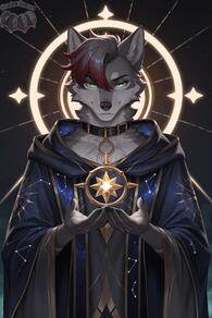 1boy animal_ears artist:animefurever artist_name character:azrael collar constellation constellation_print furry furry_male green_eyes grey_fur hood looking_at_viewer male_focus multicolored_hair red_hair robe smile solo star_(sky) upper_body wolf_boy // 1152x1728 // 391KB