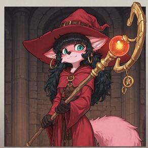 1girl animal_ears black_hair earrings furry furry_female hat holding holding_staff jewelry long_hair looking_at_viewer red_headwear robe smile solo staff tail witch_hat // 1656x1656 // 348KB