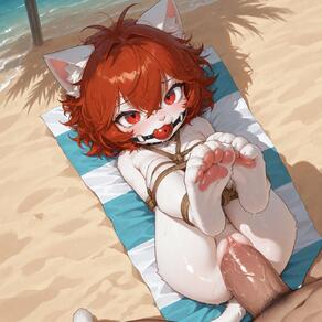 1boy 1girl animal_ear_fluff animal_ears arms_behind_back artist:ohlawdhecummin ball_gag bdsm beach beach_towel blush bondage bound cat_ears cat_girl cat_tail day feet furry furry_female gag gagged hair_between_eyes hetero legs_up loli looking_at_viewer lying male_pubic_hair nude on_back outdoors penis pov pubic_hair pussy pussy_juice red_eyes red_hair rope sand sex shibari short_hair soles solo_focus tail toes towel uncensored vaginal veins veiny_penis white_fur // 1584x1584 // 290KB