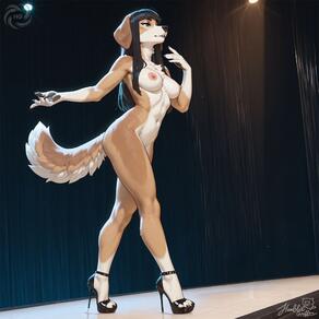 1girl animal_ears artist:humble_grifter black_hair breasts dog_ears dog_tail full_body furry furry_female high_heels long_hair medium_breasts navel nipples nude signature snout solo tail // 2000x2000 // 246KB