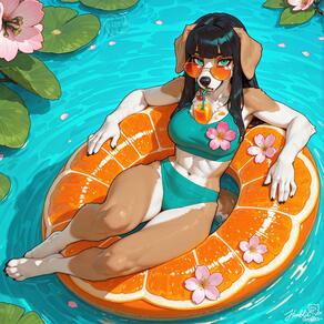 1girl animal_ears animal_nose artist:humble_grifter barefoot bikini black_hair breasts dog_ears dog_girl dog_tail flower food furry furry_female innertube long_hair looking_at_viewer navel orange-tinted_eyewear snout solo sunglasses swimsuit tail tinted_eyewear water // 2000x2000 // 452KB