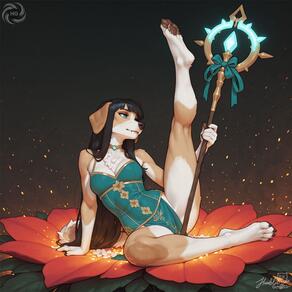 1girl animal_ears aqua_dress arm_support artist:humble_grifter barefoot black_hair blue_eyes body_fur breasts brown_fur dog_ears dog_girl dog_tail dress flower full_body furry furry_female holding holding_staff leg_up long_hair medium_breasts snout solo staff tail // 2000x2000 // 293KB