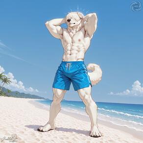 1boy abs animal_ears arms_behind_head artist:humble_grifter bara beach dog_boy dog_ears dog_tail full_body furry furry_male large_pectorals male_focus male_swimwear muscular muscular_male navel nipples outdoors pectorals sand sky solo tail topless_male // 2000x2000 // 274KB