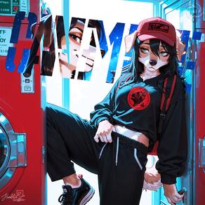 1girl animal_ears animal_nose artist:humble_grifter artist_name backpack bag baseball_cap black_footwear black_hair black_pants black_shirt body_fur dog_ears dog_girl dog_tail furry furry_female hair_between_eyes hat long_sleeves midriff_peek pants red_headwear shirt shoes sneakers snout standing tail washing_machine // 2000x2000 // 442KB