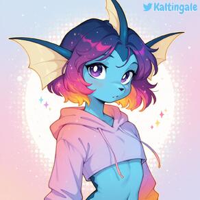 1girl artist_name blue_skin colored_skin crop_top cropped_hoodie fins furry furry_female gradient_hair head_fins hood hoodie looking_at_viewer multicolored_hair navel purple_eyes purple_hair short_hair solo upper_body // 1536x1536 // 195KB