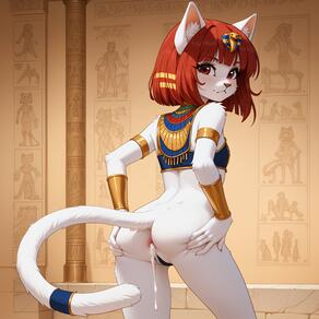 1girl animal_ear_fluff animal_ears anus armlet artist:azziai ass bare_shoulders blunt_bangs bob_cut body_fur bracer cat_ears cat_girl cat_tail closed_mouth cum cum_in_ass from_behind furry furry_female looking_at_viewer looking_back panties red_eyes red_hair short_hair small_breasts solo standing tail tail_raised uncensored usekh_collar // 4096x4096 // 1.1MB