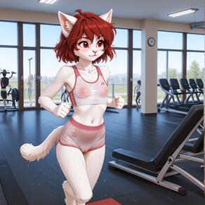 1girl animal_ears artist:azziai blush breasts cameltoe clock covered_nipples furry furry_female indoors navel nipples pussy red_eyes red_hair running see-through short_hair shorts small_breasts solo_focus tail wall_clock // 4096x4096 // 1.1MB