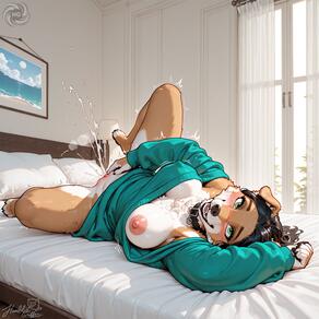 1girl animal_ears animal_nose artist:humble_grifter artist_name barefoot black_hair blush body_fur bottomless breast_slip breasts brown_fur collar dog_ears female_ejaculation female_masturbation female_orgasm furry furry_female green_eyes green_sweater indoors large_breasts long_sleeves lying masturbation nipples no_bra on_bed one_breast_out orgasm pussy pussy_juice signature snout solo sweater trembling uncensored white_fur window // 2000x2000 // 345KB