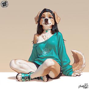 1girl animal_ears animal_nose aqua_shirt artist:humble_grifter artist_name black_hair black_shorts body_fur borrowed_character breasts brown_fur choker dog_ears dog_girl dog_tail full_body furry furry_female long_hair mole off_shoulder sandals short_shorts shorts signature single_bare_shoulder sitting snout solo sweater tail white_fur // 2000x2000 // 257KB