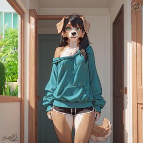 1girl animal_ears animal_nose artist:humble_grifter artist_logo artist_name black_hair black_shorts blue_hoodie body_fur breasts cowboy_shot day dog_ears dog_girl dog_tail dolphin_shorts door drawstring furry furry_female green_eyes hood hood_down hoodie indoors long_hair long_sleeves off_shoulder open_mouth short_shorts shorts signature single_bare_shoulder solo standing tail white_fur // 2000x2000 // 382KB
