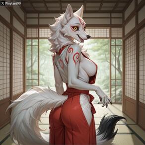 1girl amaterasu_(okami) anthro artist:weytani99 asian_clothing back black_sclera bottomwear breasts canid canine canine_teeth canis character:amaterasu claws clothing east_asian_clothing facial_marking fangs female fur hakama head_markings japanese_clothing looking looking_at_viewer mammal markings miko_outfit neck_tuft okami_(capcom) open_mouth red_bottomwear red_clothing red_hakama red_markings side_boob sleeveless solo standing surprised tail tail_through_clothing tatami tuft weytani99 white_body white_fur wolf yellow_eyes // 1024x1024 // 131KB