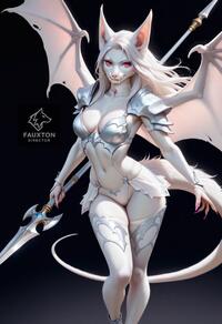 1girl animal_ears armor artist:fauxton_director breasts furry furry_female holding holding_polearm holding_weapon long_hair looking_at_viewer navel polearm red_eyes shoulder_armor solo tail thighhighs weapon white_hair white_thighhighs wings // 832x1216 // 182KB