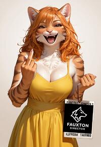 1girl animal_ears animal_nose artist:fauxton_director body_fur breasts cleavage dress fangs freckles furry furry_female large_breasts looking_at_viewer middle_finger open_mouth orange_fur orange_hair smile solo teeth whiskers yellow_dress // 832x1216 // 200KB