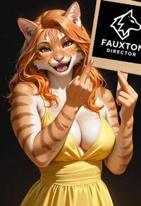 1girl animal_ears animal_nose artist:fauxton_director breasts brown_eyes cleavage dress fangs freckles furry furry_female holding large_breasts long_hair looking_at_viewer middle_finger open_mouth orange_fur orange_hair sign solo whisker_markings whiskers yellow_dress // 832x1216 // 230KB