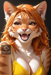1girl animal_ear_fluff animal_ears animal_nose artist:fauxton_director artist_name body_fur breasts brown_eyes cat_ears cat_girl cleavage fangs freckles furry furry_female long_hair medium_breasts open_mouth orange_fur orange_hair smile solo teeth upper_body whiskers white_fur // 832x1216 // 255KB