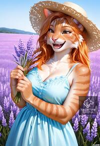 1girl animal_ears animal_nose artist:fauxton_director artist_name blue_sky body_fur breasts brown_eyes brown_fur cat_ears cat_girl cleavage day dress fangs field flower freckles furry furry_female hat holding holding_flower large_breasts long_hair open_mouth orange_fur orange_hair outdoors purple_flower sky sleeveless_dress smile solo straw_hat sundress teeth watermark whiskers // 832x1216 // 296KB