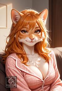1girl animal_ear_fluff animal_ears animal_nose artist:fauxton_director artist_name breasts brown_eyes cat_ears cat_girl cleavage freckles furry furry_female indoors long_hair looking_at_viewer orange_hair shirt smile solo upper_body // 832x1216 // 243KB