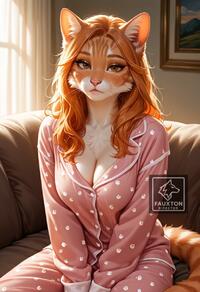 1girl animal_ear_fluff animal_ears artist:fauxton_director artist_name breasts brown_eyes cat_ears cat_girl cat_tail cleavage couch freckles furry furry_female indoors long_hair long_sleeves looking_at_viewer orange_fur orange_hair pajamas sitting solo tail // 832x1216 // 229KB